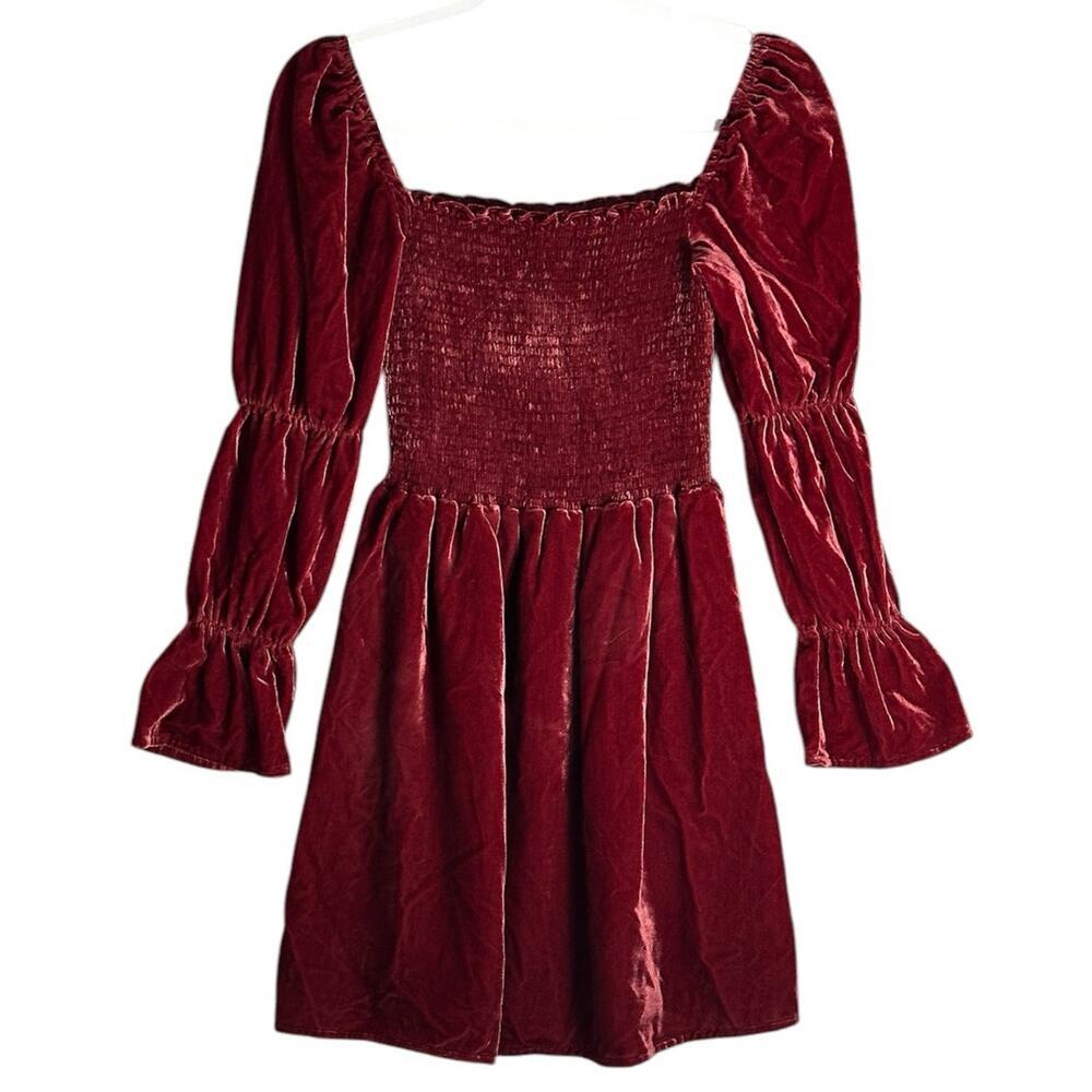 o.p.t. Sz XS Hasher Smocked Velvet Mini Dress Gathered Bell‎ Sleeve Square Neck - Picture 4 of 15
